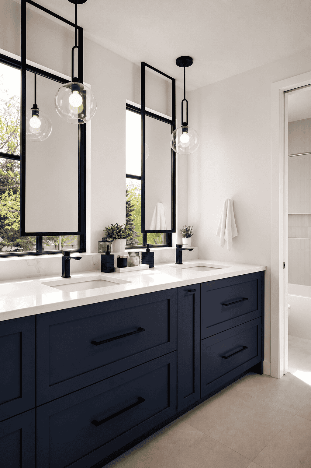 Britannia bathroom renovation with navy vanity and black fixtures