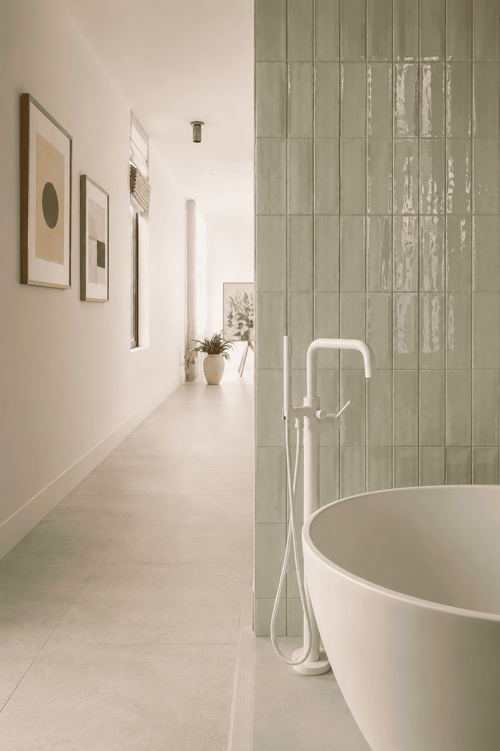 Elbow House spa inspired bathroom renovation Calgary with freestanding bathtub and green tile wall