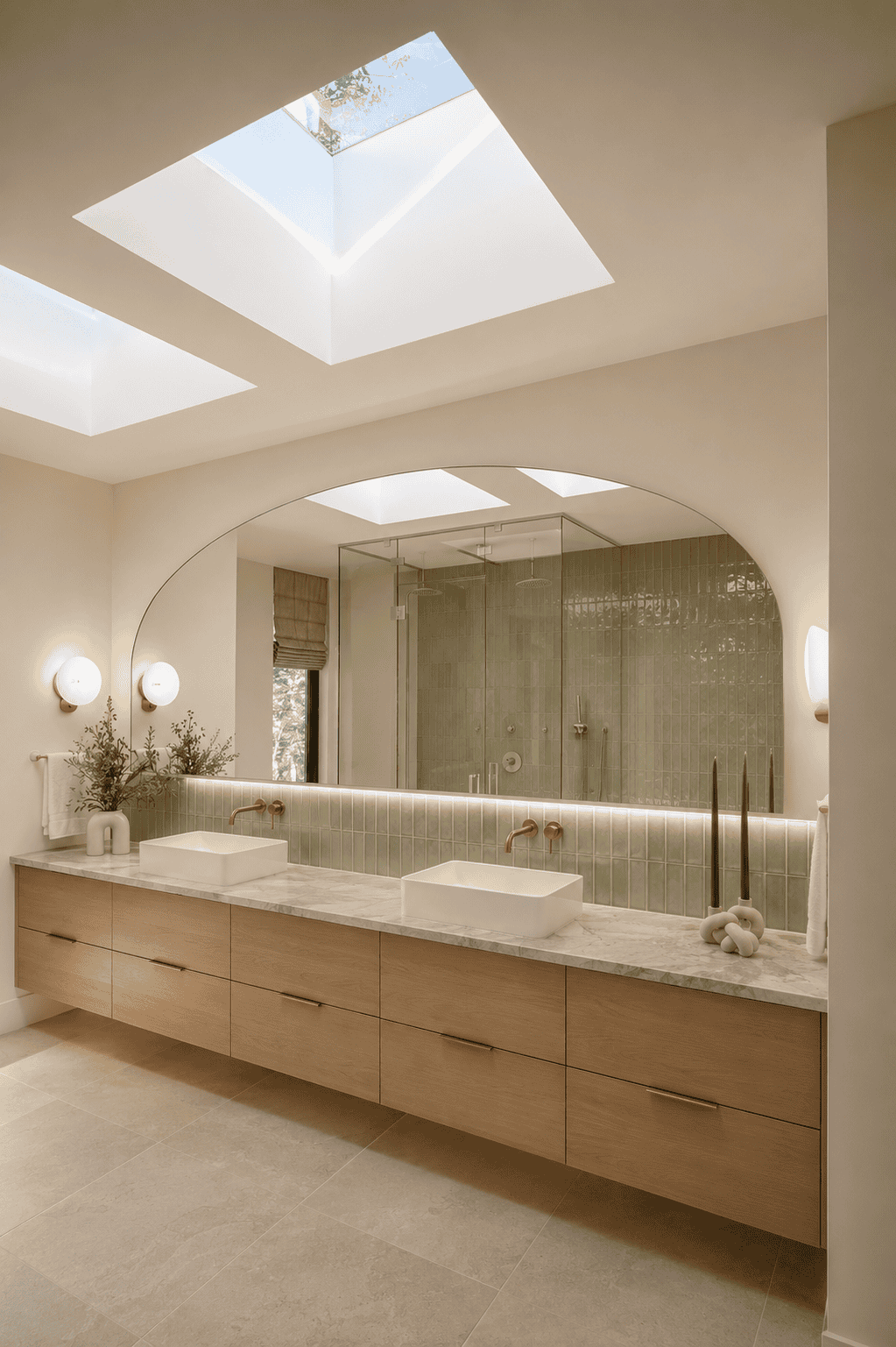 Elbow House luxury bathroom renovation Calgary with double vanity and skylights
