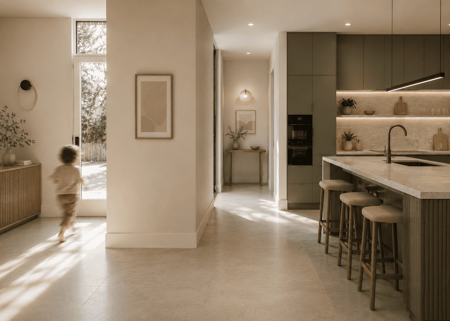 Elbow House sitting area renovation Calgary with warm wood cabinetry and modern interior design
