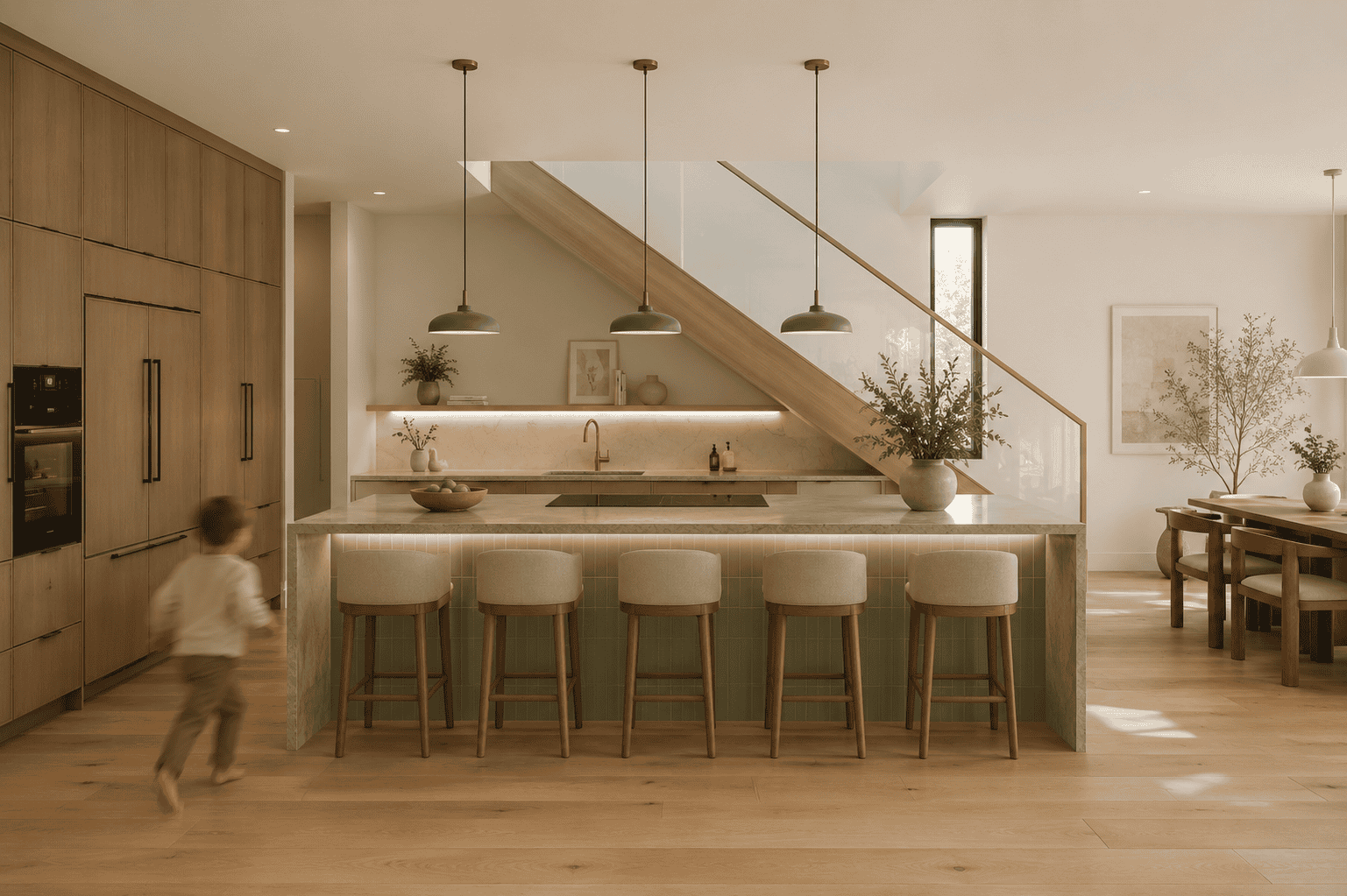 Modern kitchen renovation Elbow House Calgary with custom millwork and architectural lighting
